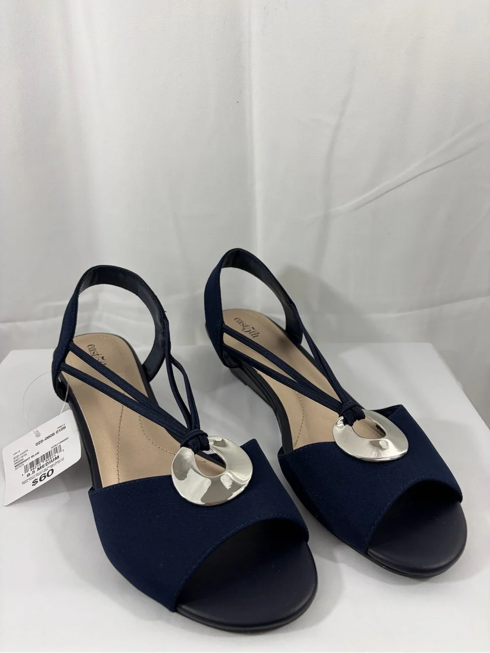 NWT East 5th Women’s Size 9.5 Navy Silver Open-Toe Slingback Sandal